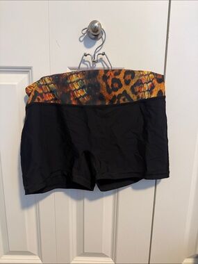 Black Athletic Fold-Over Waist Shorts with Orange Leopard-Print Band